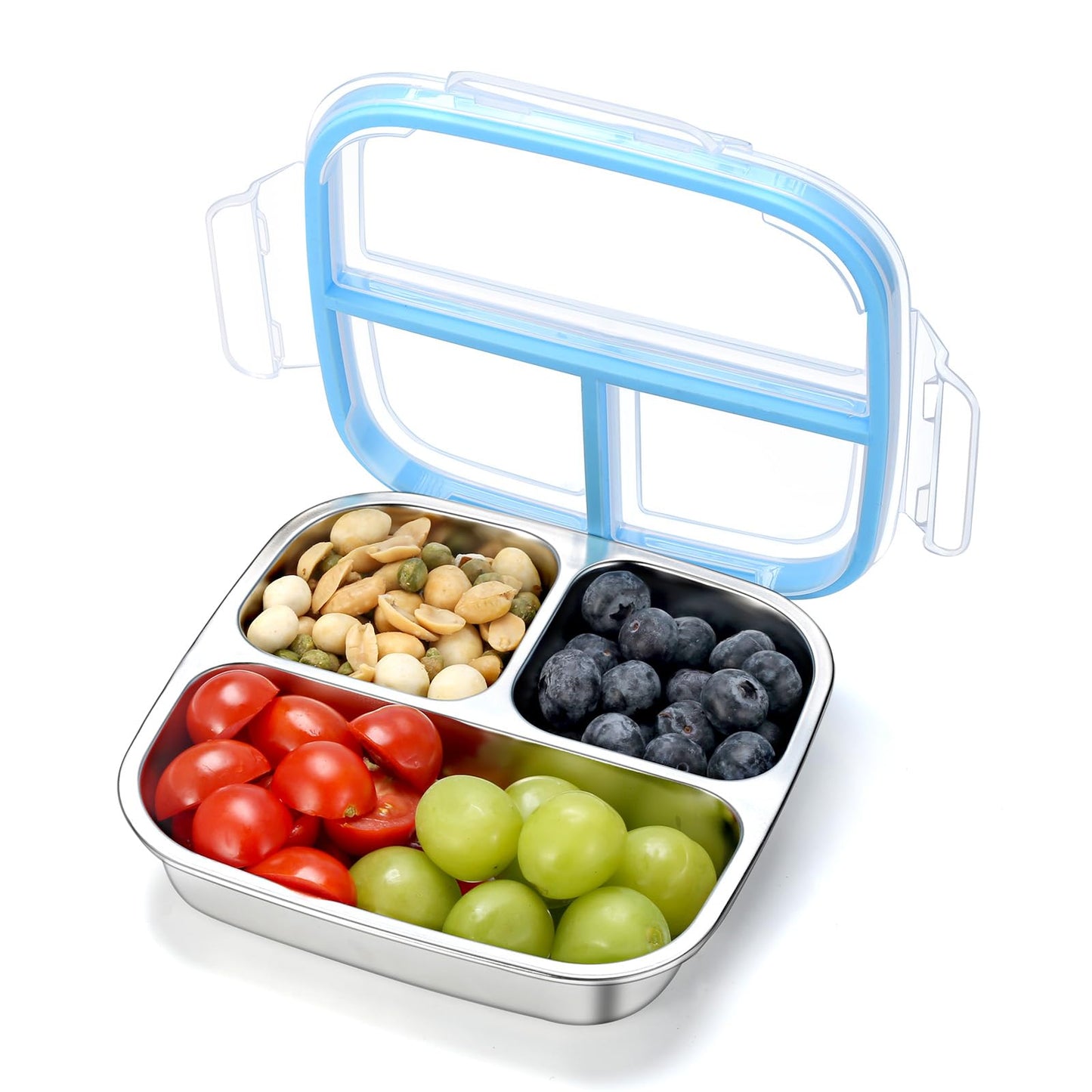 DOCMON Stainless Steel Snack Containers, 3 Compartments Reusable on and go Bento Box with Lids for Kids, Lunch Box Pre Meal Storage for School Office Outdoor Camping Travel - Blue