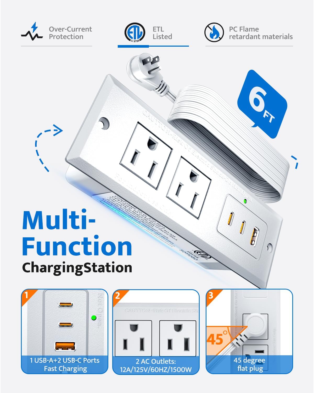 DOACE 20W 6ft 45 Recessed Power Strip with USB C Port, Fast Charging USB A Port Conference Recessed Outlet, Space-Saver