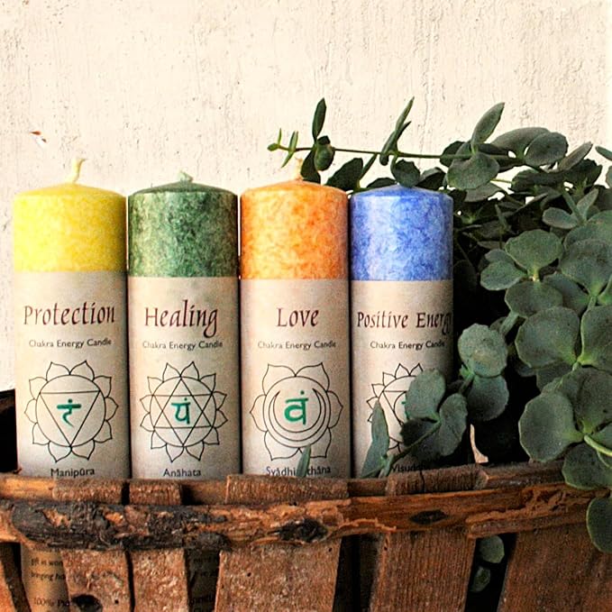 Premium Scented Candle Hand Made Chakra Energy Pillar | 4-pack | Protection, Manipura | Yoga, Prayer & Meditation Candle | Long Burn 15 Hours |Essential Oils of Bergamot, Lime & Grapefruit | Aloha Bay