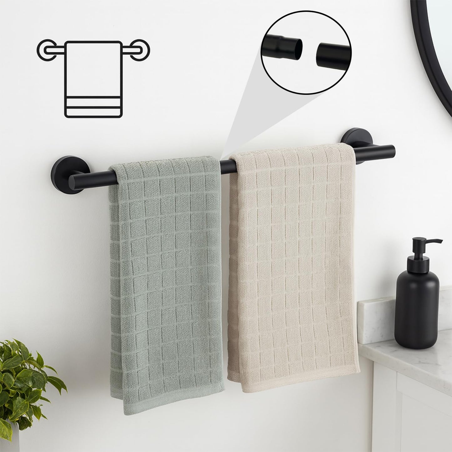 RoDzj Matte Black Bathroom Hardware Set 6-Piece, SUS304 Stainless Steel Bath Accessories Kit, Includes 24" & 16" Towel Bars, Toilet Paper Holder, Towel Ring, 2 Robe Hooks, Wall Mounted Round Style