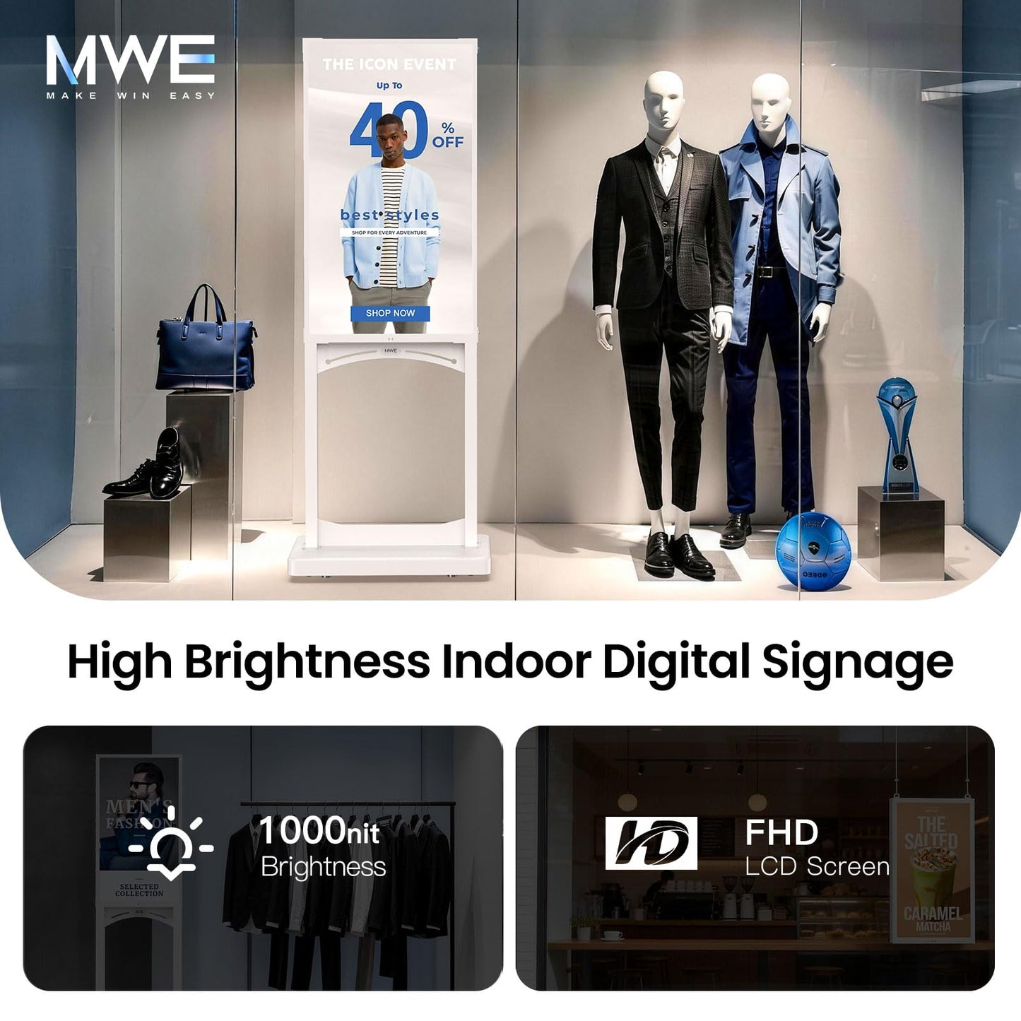 MWE 32 Inch Indoor Digital Signage Display, 1000 Nits Window Advertising Display Kiosk, Free Custom Logo Nameplate, Support Floor Standing or Ceiling Mounted, for Retail Store Window Promotion