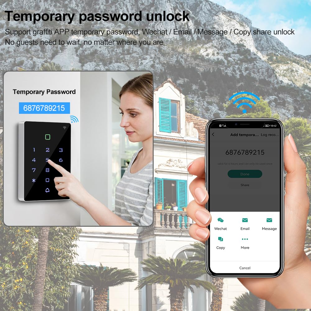 This WiFi-Enabled Graffiti Access Control System Features a Complete Waterproof RFID keypad, a 180kg/350lb electromagnetic Lock, a DC12V/3A Power Supply, an exit Button, and 10 125kHz Key Tags.