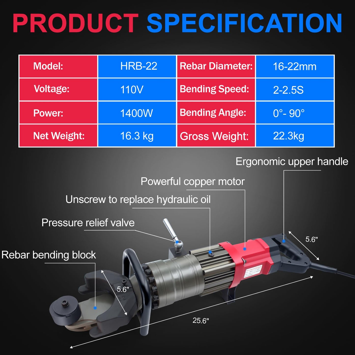 1400W Electric Rebar Bender 7/8" Hydraulic Rebar Bending Machine,2-2.5s Fast Bend 16-22mm 0.9" #7 Rebars Steel Bar Metal Portable Industrial Tool Easily Bending Angle 0-90 Degree,110V, HRB-22