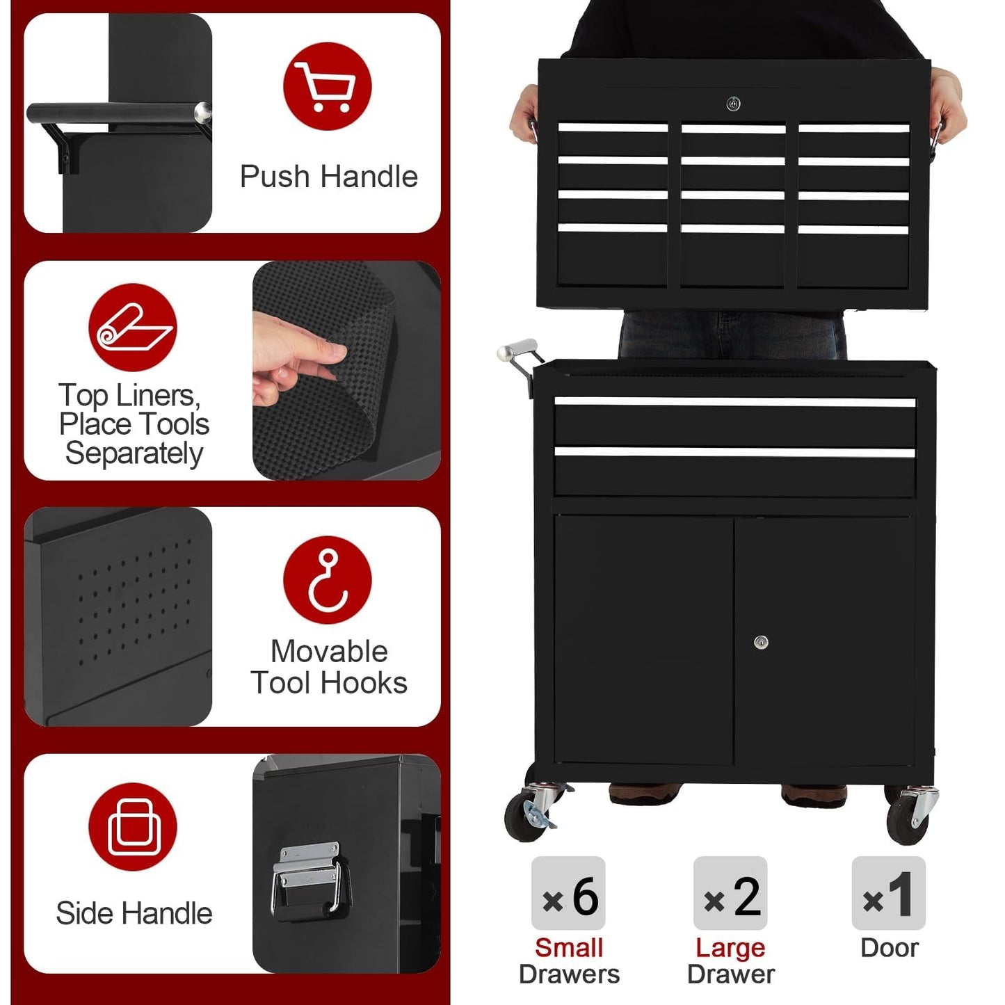 Towallmark 8-Drawer Rolling Tool Chest, 2-in-1 High Capacity Removable Cabinet Storage Tool Box with Wheels and Drawers, Detachable Toolbox with Lock for Workshop Mechanics Garage (Black)