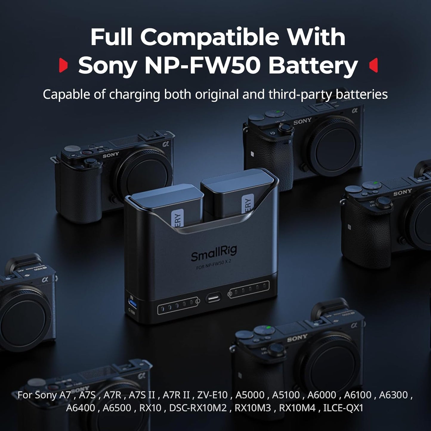 SMALLRIG NP-FW50 2h 11W A6000 A6100 A6300 A6400 ZV-E10 A7 A7S A7R A7SII A7RII A5000 A5100 ILCE-QX1 Battery Charger