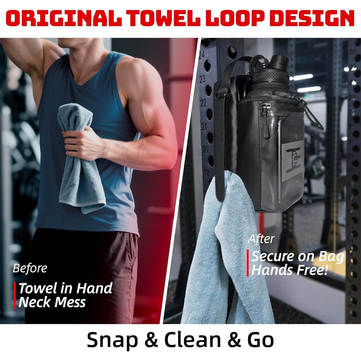 EC Ecoclasp Magnetic Gym Bag Water Bottle Holder Small Bag for Men Women Waterproof 900D Gym Gifts 32oz Insulated Water Bottle Towel Set
