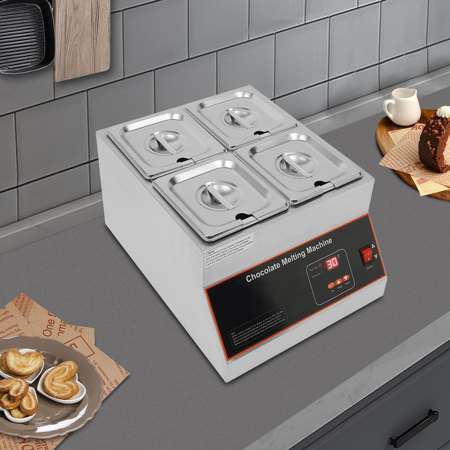 Electric Chocolate Melter 26.46 LB Capacity, Stainless Steel Chocolate Melting Machine with Digital Temperature Control, Commercial Chocolate Warmer for Bakery Catering (4 Pots)