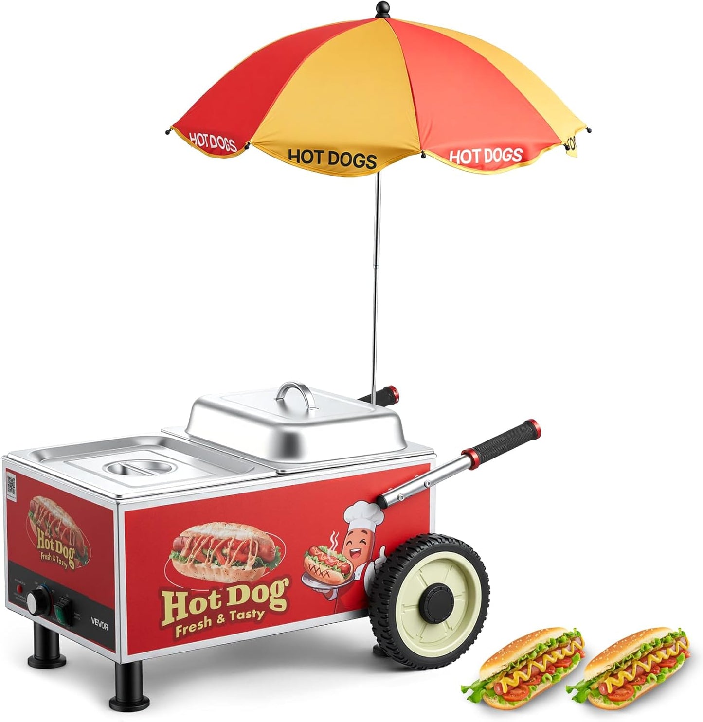VEVOR Hot Dog Steamer Cart - 1200W Electric Stainless Steel Machine with Adjustable Temp & Umbrella