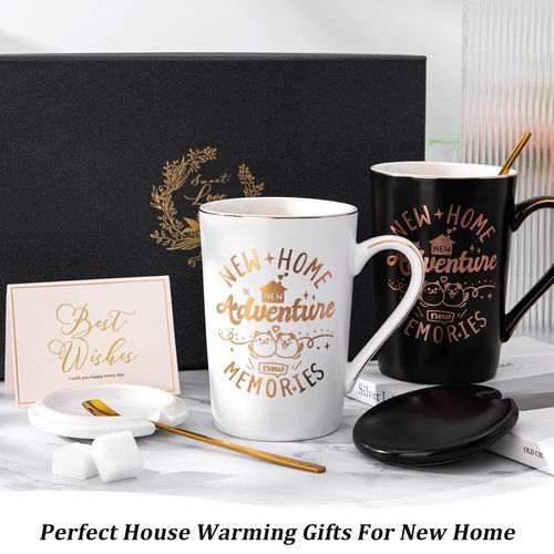 House Warming Gifts New Home - New Home Gift Ideas for Women Men Couple New Homeowners Neighbor Friend, Unique Housewarming Present with 14Oz Coffee Mugs, Spoons, Lids, Greeting Card, Elegant Boxed