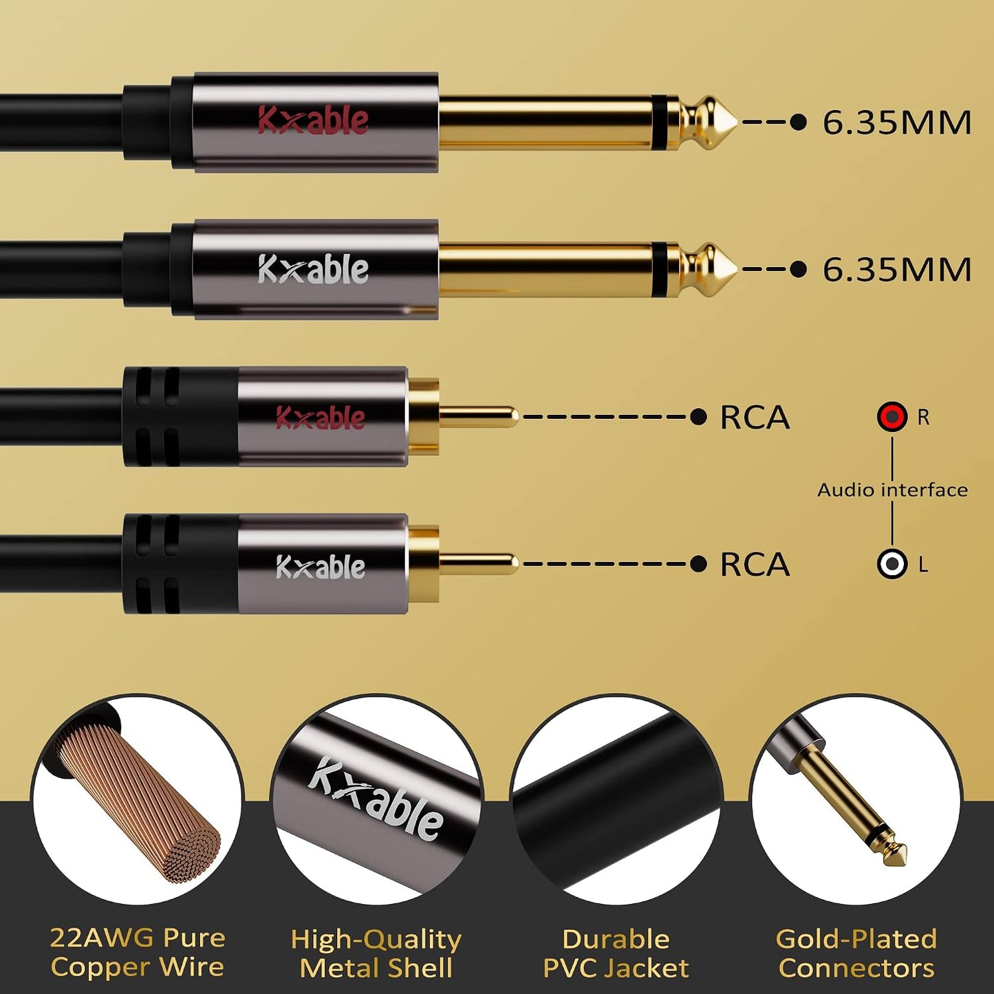 1/4" 25FT, 1/4 inch 23AWG, 2 6.35mm 2 5 RCA to Cable Dual TS to Dual RCA Stereo Audio Interconnect Cord, x Quarter