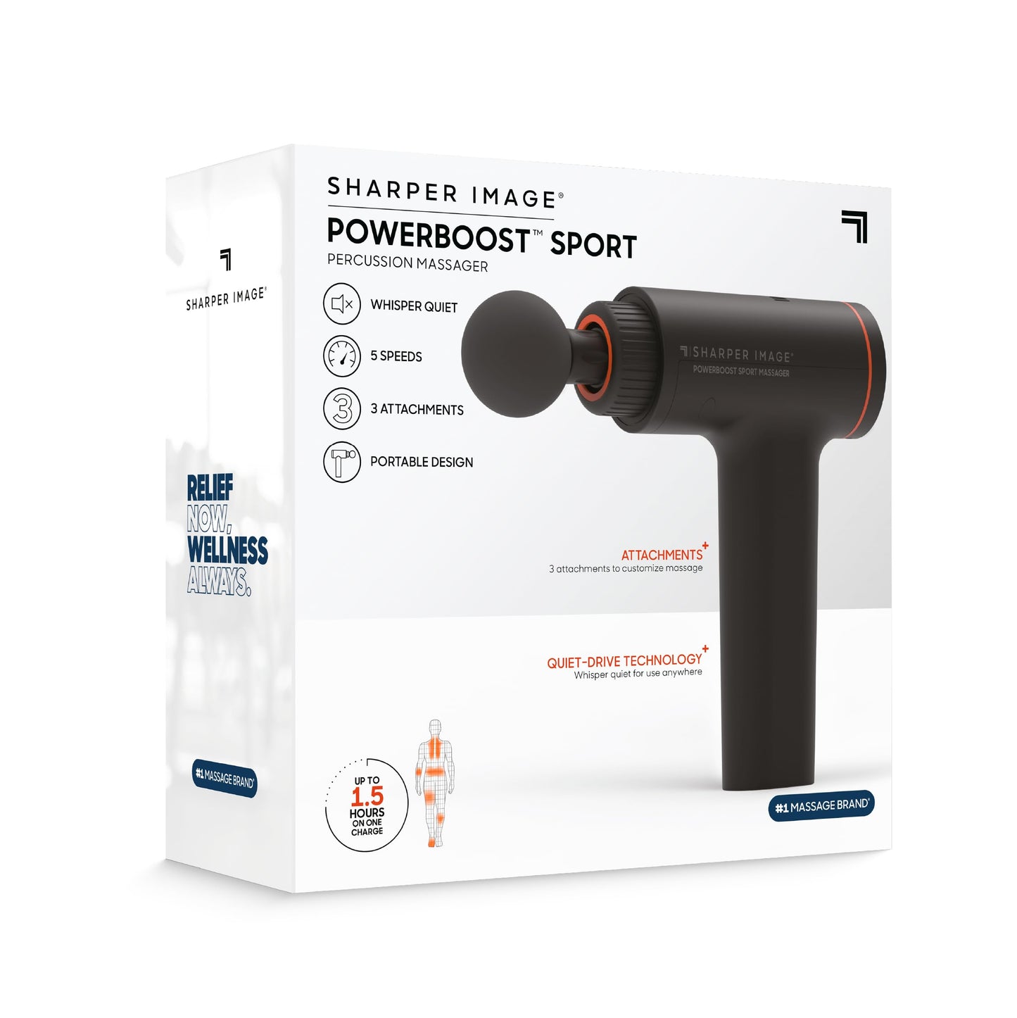 Sharper Image® Powerboost™ Sport Percussion Massager, Lightweight Portable Design with Quiet Drive Technology, Includes 3 Attachments