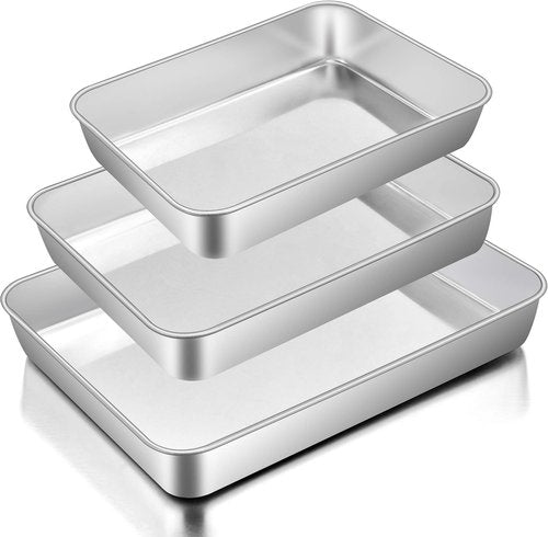E-far Stainless Steel Baking Pans Set | 3-Piece Rectangle Bakeware for Cake, Lasagna & Brownies - 12.5/10.5/9.4 Inch, Non-Toxic & Dishwasher Safe