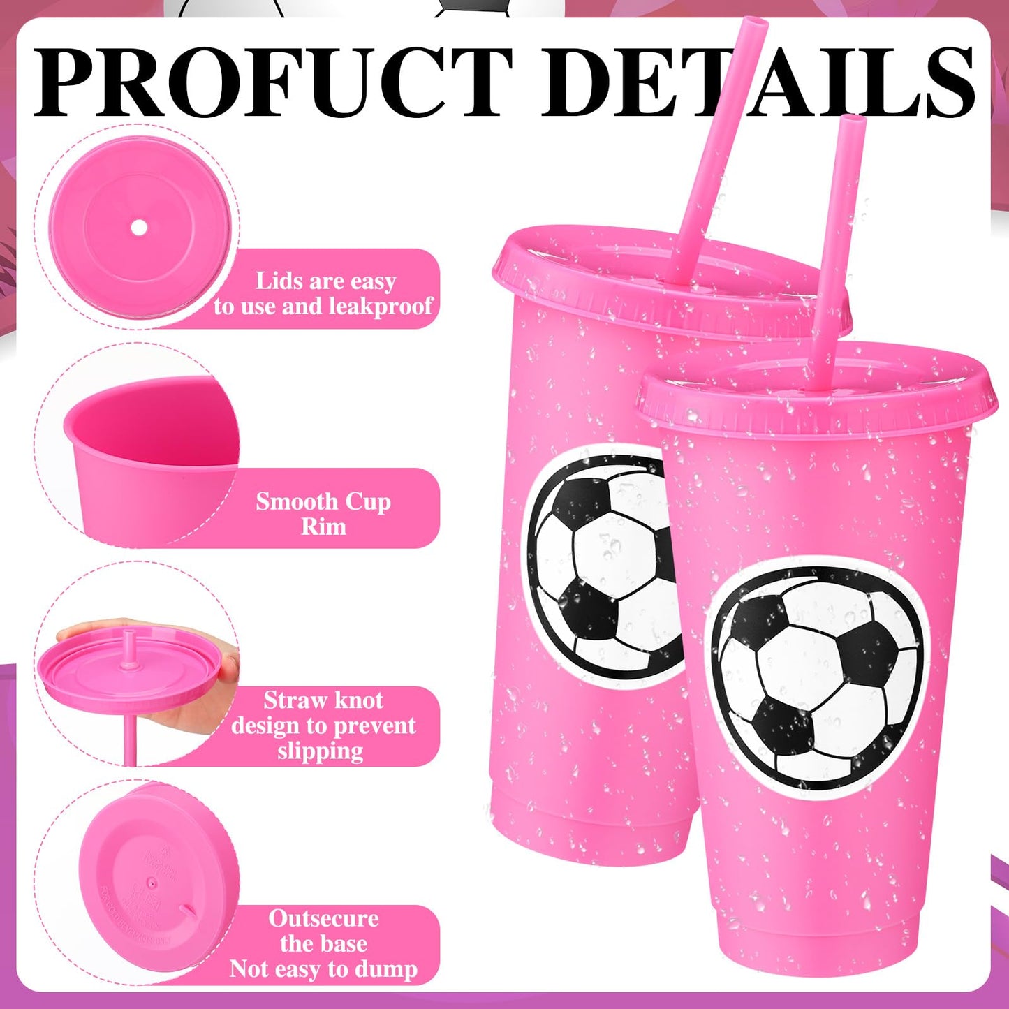 Domensi 12 Pcs Sport Soccer Plastic Cups with Lid and Straw 24 oz Reusable Plastic Cups Coffee Tumblers Gift for Fan Friend Guest Birthday Office Sport Party Supplies (Pink)