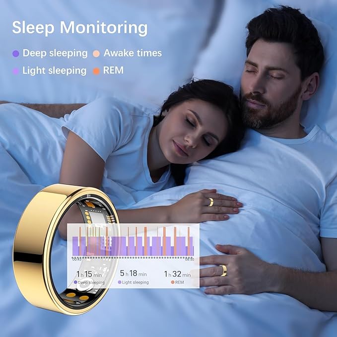 Ring Health Tracker for Women Men, Fit Ring with Heart Rate, Blood Oxygen, Sleep Monitor, Calories, Step Counter, IP68 Waterproof Smart Ring for iPhone & Android, No Subscription Fee (Gold, 12#)