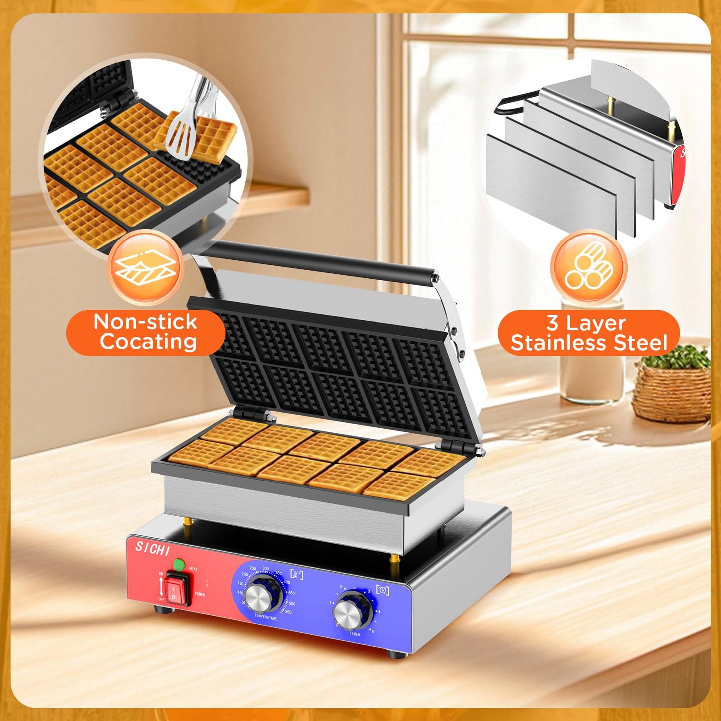 HTTSICHI Square Waffle Maker - Commercial Waffle Iron w/Non-stick Baking Pans, 550 ℉ Temperature and Timers, 1550W Hotel Waffle Machine for Double Baking, Professional Stainless Steel Waffle Maker