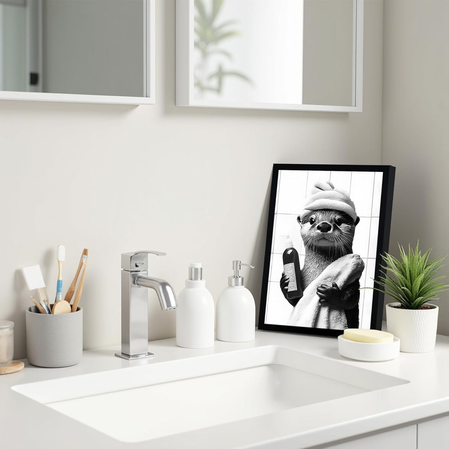 SYWENNOI Framed Black and White Bathroom Canvas Art - Funny Otter Bath Decor | Ready to Hang 8x10 Inches