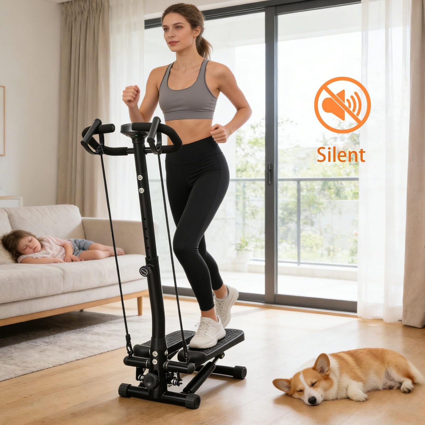 BeBecome Steppers for Exercise at Home, Twist Stair Stepper with Handlebar, Low Impact Fitness Step Machine with LCD Monitor, with Tension Band,Quiet Hydraulic Cardio Trainer for Indoor Workouts