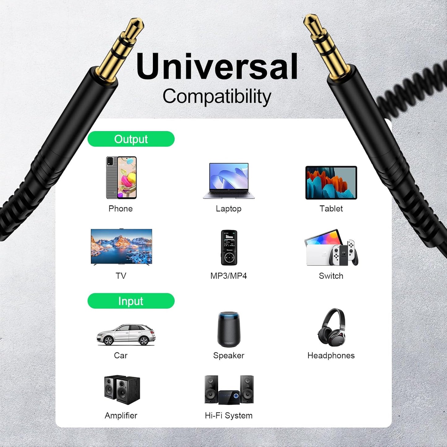 3.5mm 3.5mm 6FT, 3.5 mm Coiled to Audio Cable Retractable Male to Male Aux Cord Car Stereo Audio Jack Adapter Dongle