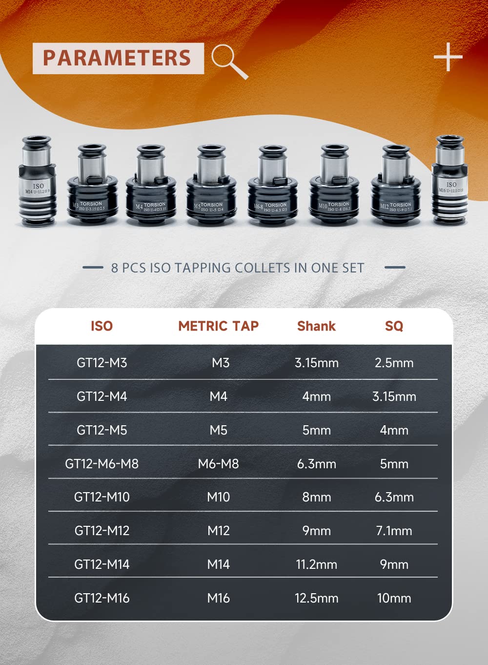 ZAC GT12 ISO Tapping Collets, 8PCS Torque Collets M3, M4, M5, M6/M8, M10, M12, M14, M16 Apply for M16R Tapping Machine