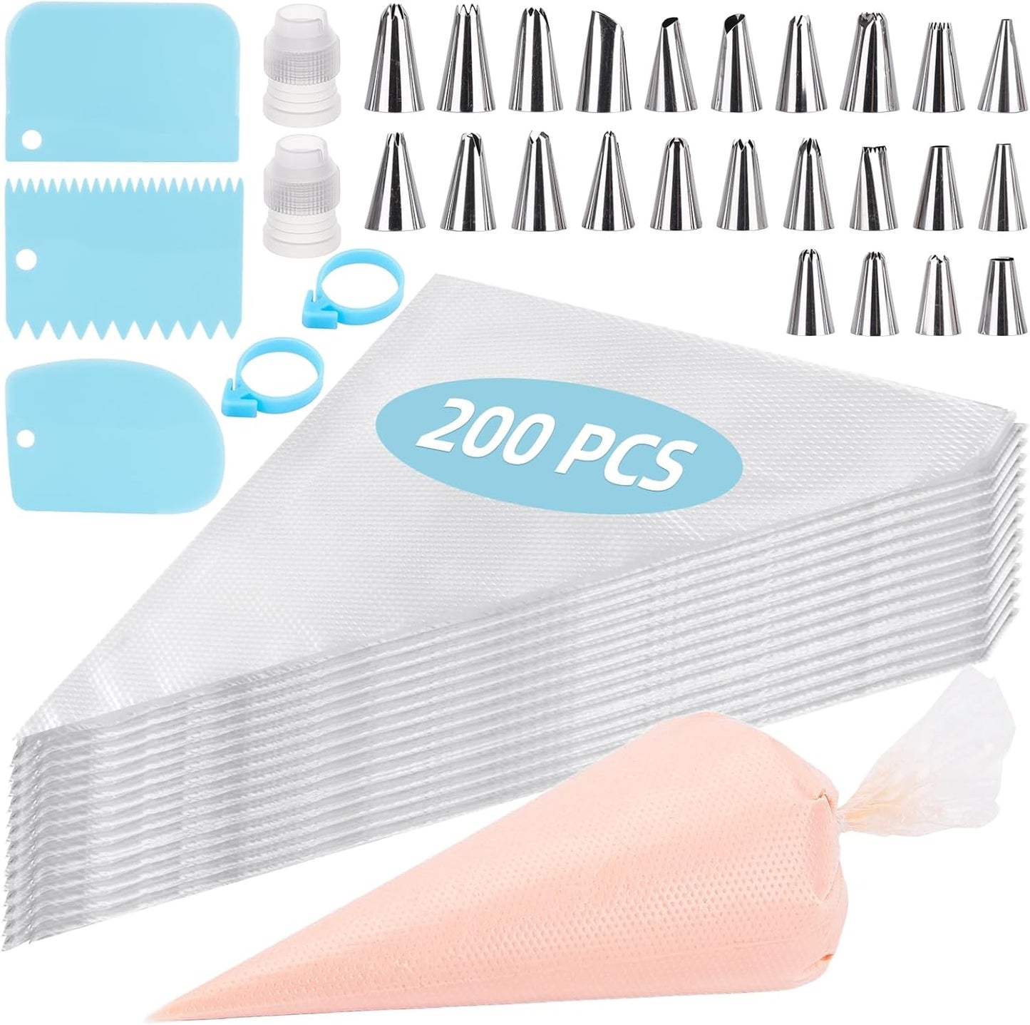 Skiennix 200 Pcs Piping Bags Set - 12 Inch Disposable Pastry Bags with 24 Tips & Accessories for Cake Decorating