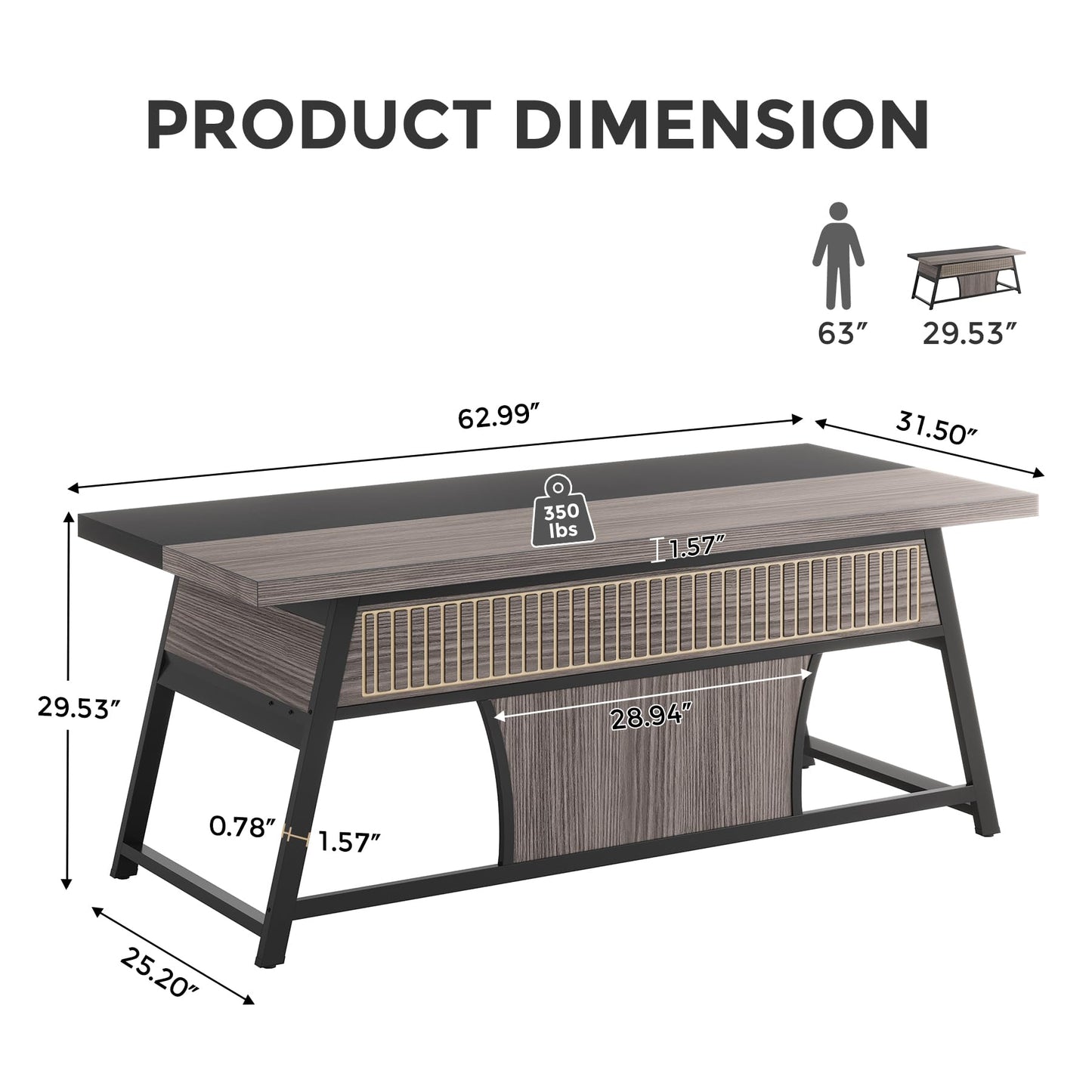 Condemo 63-inch Executive Desk with Storage Shelf, Large Home Office Desk with Metal Frame & LED Light, Long Computer Desks for Home Office, Gray and Black