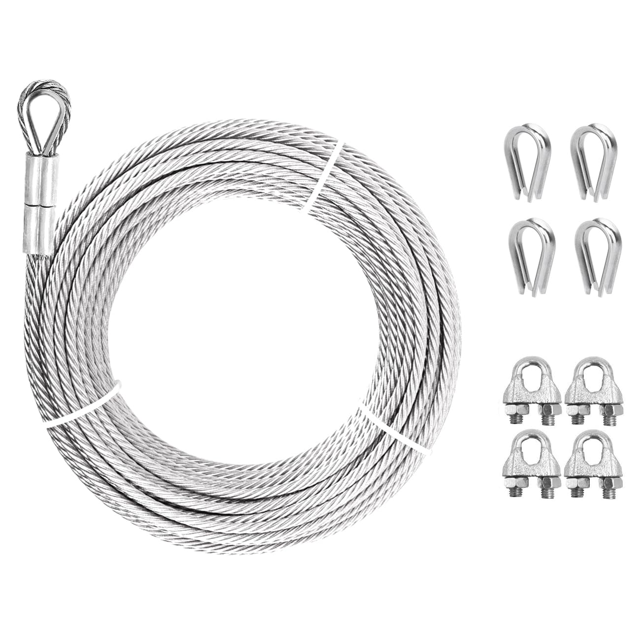1/2" Steel Cable, Sunwuk 75Ft 7x19 Strand Aircraft Cable with Loops, 23000 Lbs Breaking Strength, Heavy Duty Wire Rope with Clamps and Thimbles for Zipline, Industrial, Towing, Winch Cable
