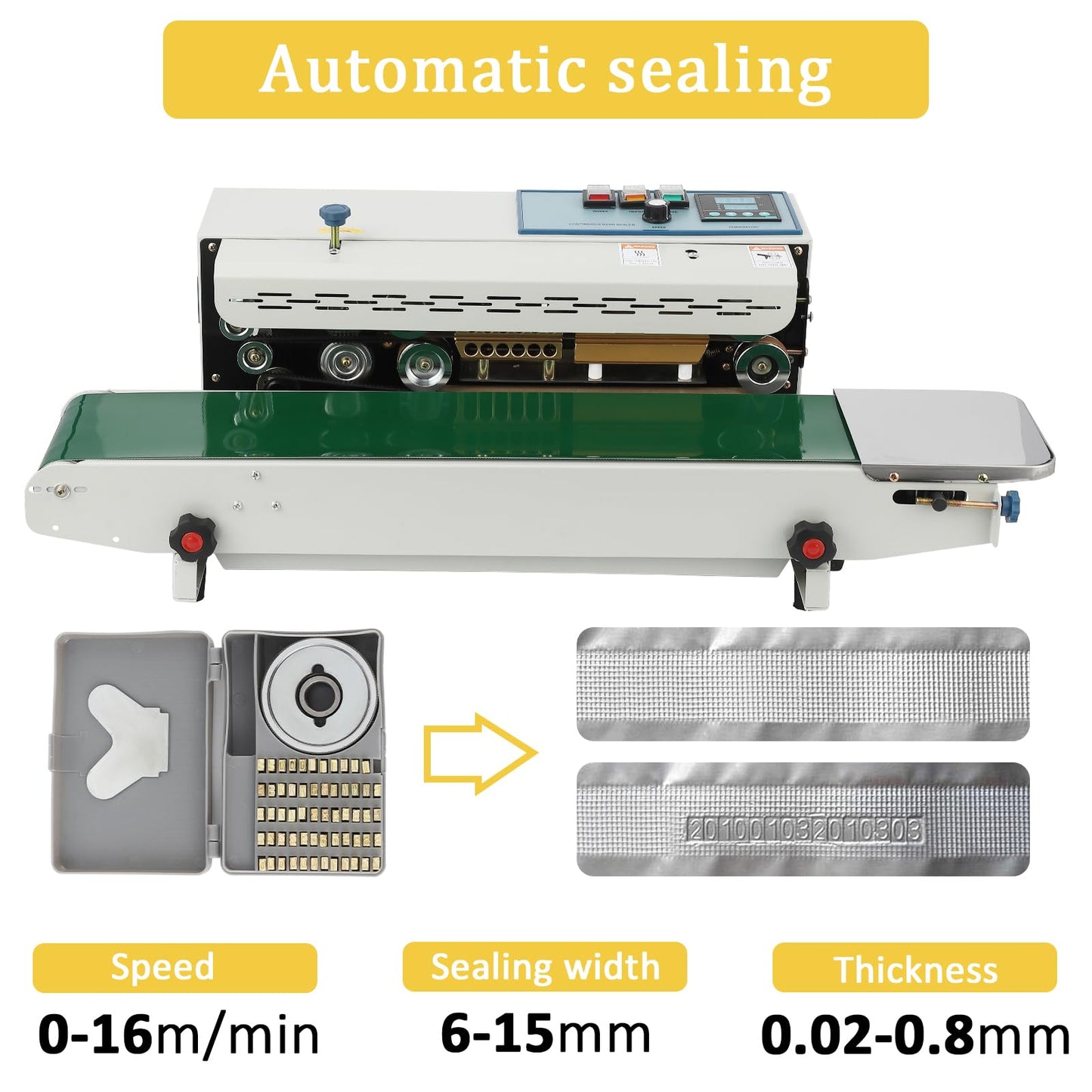 MilleLoom Continuous Band Sealer Machine - FR-900K Horizontal Automatic 110V with Digital Temperature Control for 0.02-0.08 mm Commercial PP/Aluminum Foil/PVC Plastic Bags