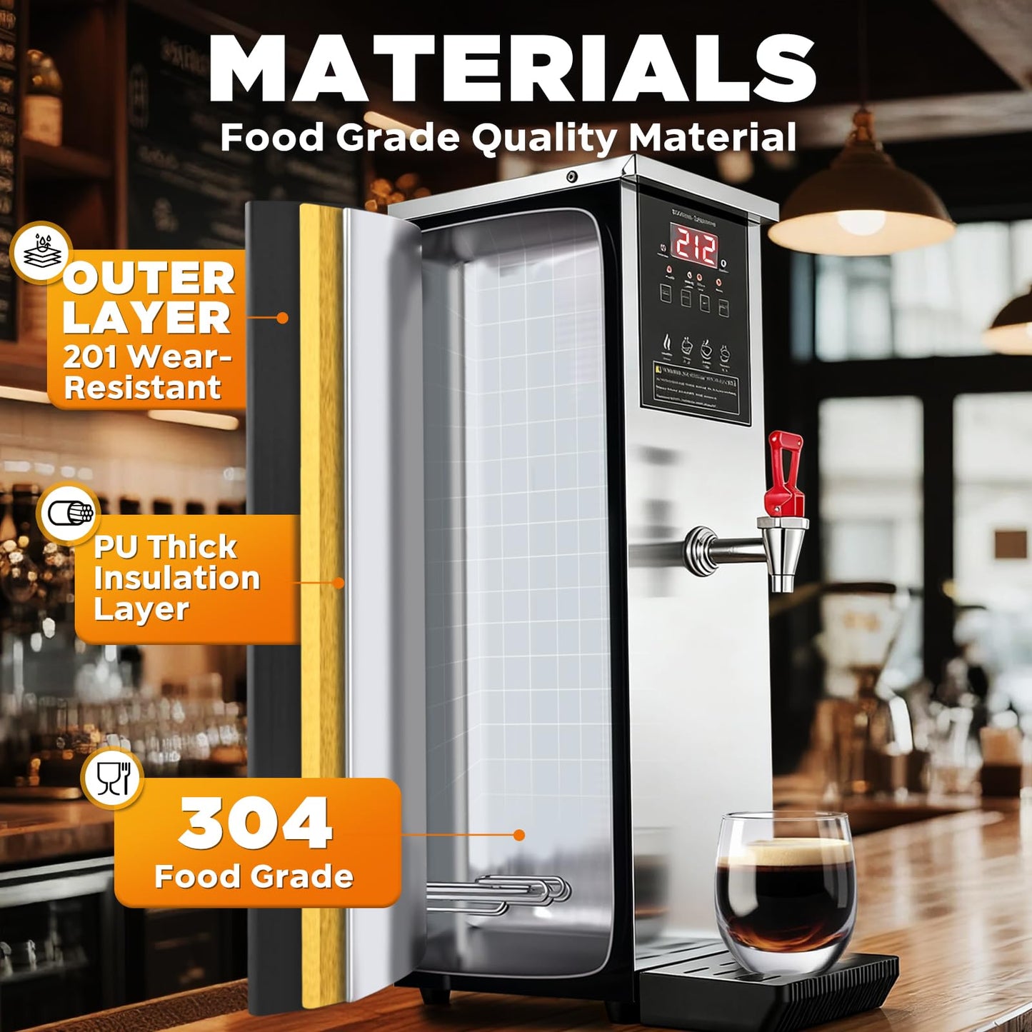 Commercial Hot Water Dispenser Water Boiler Countertop Auto-filling Stainless Steel Hot Water Machine Step-heating 104-212°F Adjustable for Cafe Tea Shop Office Restaurant Hotel 1500W 20L