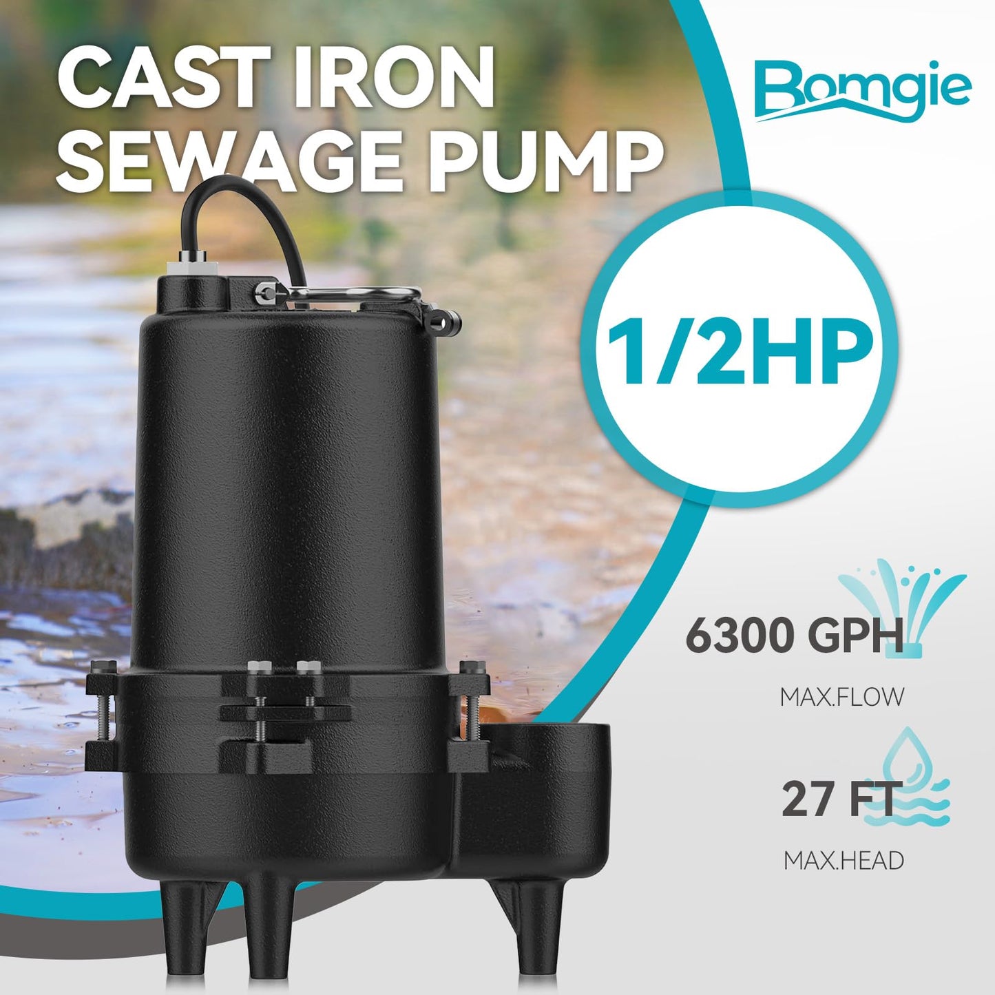 BOMGIE 1/2 HP Sewage Pump, Cast Iron Effluent Pump, Automatic Float Switch, Sewage Sump Pump for Sump Basin, Basement, Residential Sewage, 2'' NPT Discharge, Dark Black