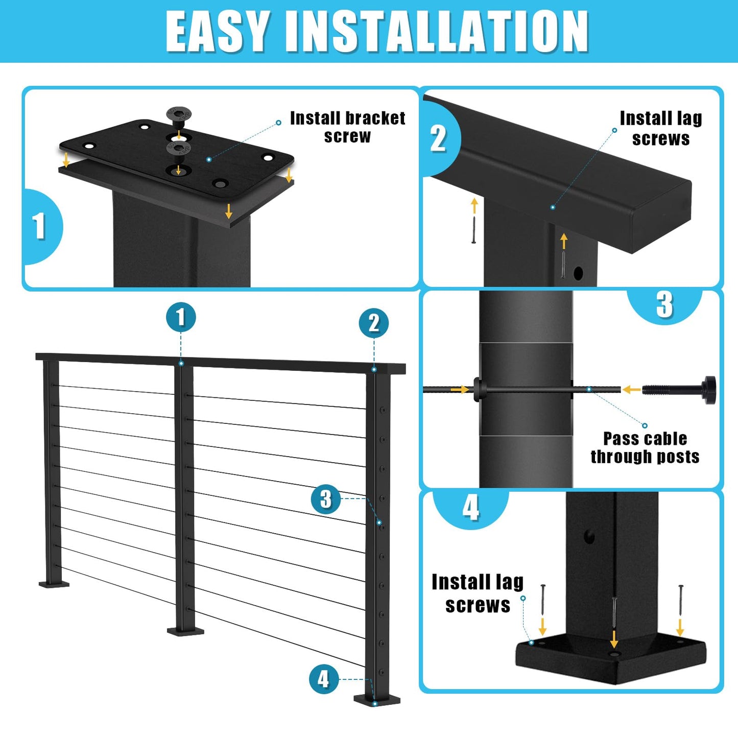 Senmit 36" Cable Railing Post Kit,Including 5 Black Railing Posts,250ft Cable, 10 Sets Terminal, 80 Cable Grommets(No Handrail)