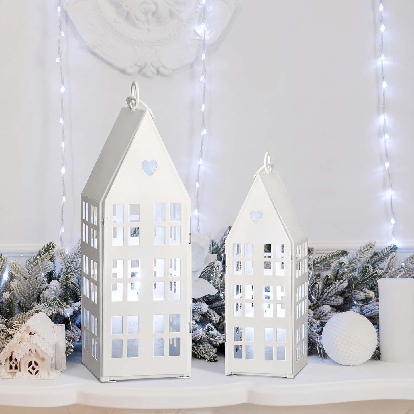 SiliFine White Farmhouse Village Set - 2 Rustic Houses with 2 White Candles | Modern Lantern Decor for Home & Events