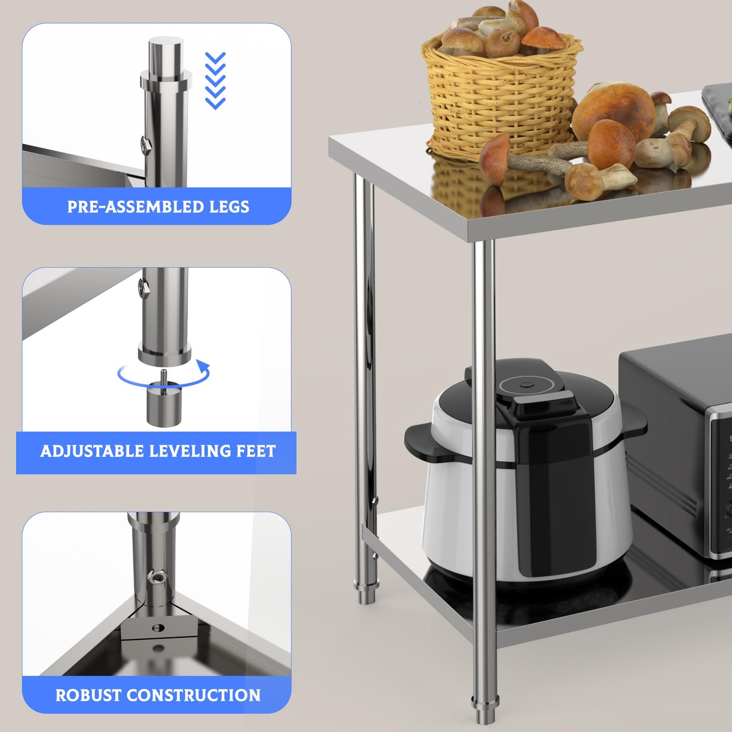 GarveeTech Stainless Steel Table, 48 in x 24 in Commercial Prep Work Table with Adjustable Undershelf and Pre-installed Feet, 2 Tier Metal Table for Restaurant, Home, Kitchen, Garages and Outdoor