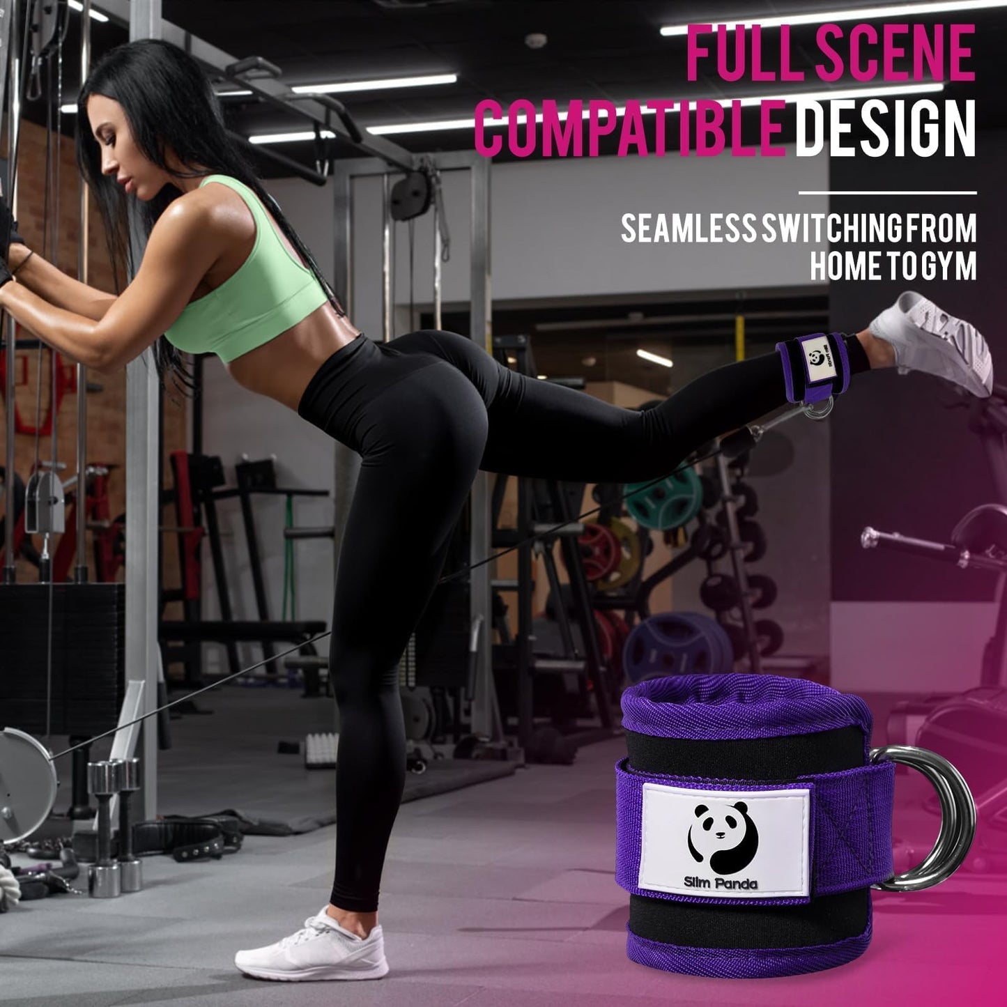 Slim Panda Ankle Strap for Cable Machine,Ankle Cuff for Kickbacks, Booty Hip Abductors,Glute Workouts, Leg Extensions, Curls for Men and Women, Adjustable with Double D-Rings (Purple)