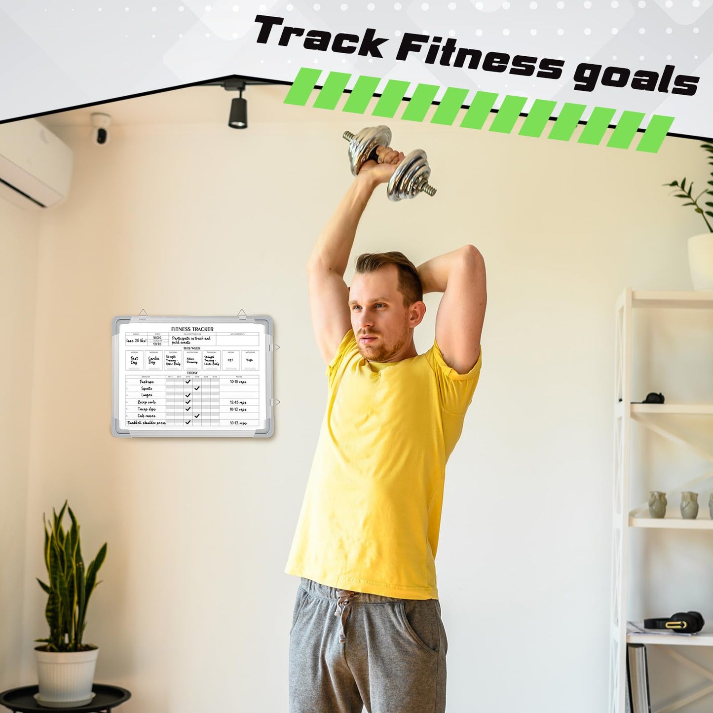 Lincia 16 x 12 Inch Fitness Tracker Whiteboard Workout Calendar for Home Gym Dry Erase Planner Hanging Removable to Do List for Wall Whiteboard with Aluminum Frame for Gym Program(Style A)