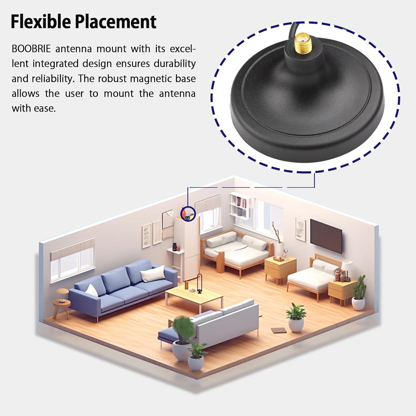 Boobrie 0-3000MHz 5.2ft 4G DC SMA Female Magnetic Antenna Base with SMA Male Connector WiFi Antenna Extension Coaxial