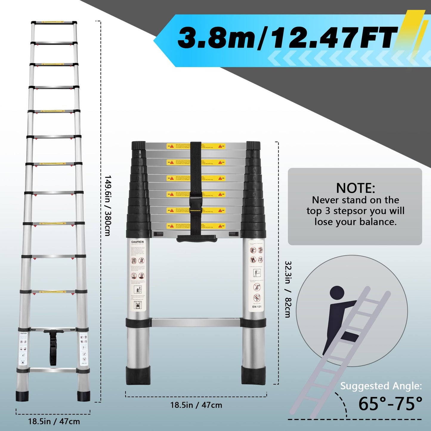 12.47FT Telescoping Ladder, Aluminum Lightweight Multi-Purpose Collapsible Extension, One-Touch Retraction Ladder,330lbs Load Capacity & Non-Slip Feet, for Home (Sliver, 12.47 FT (One-Button))