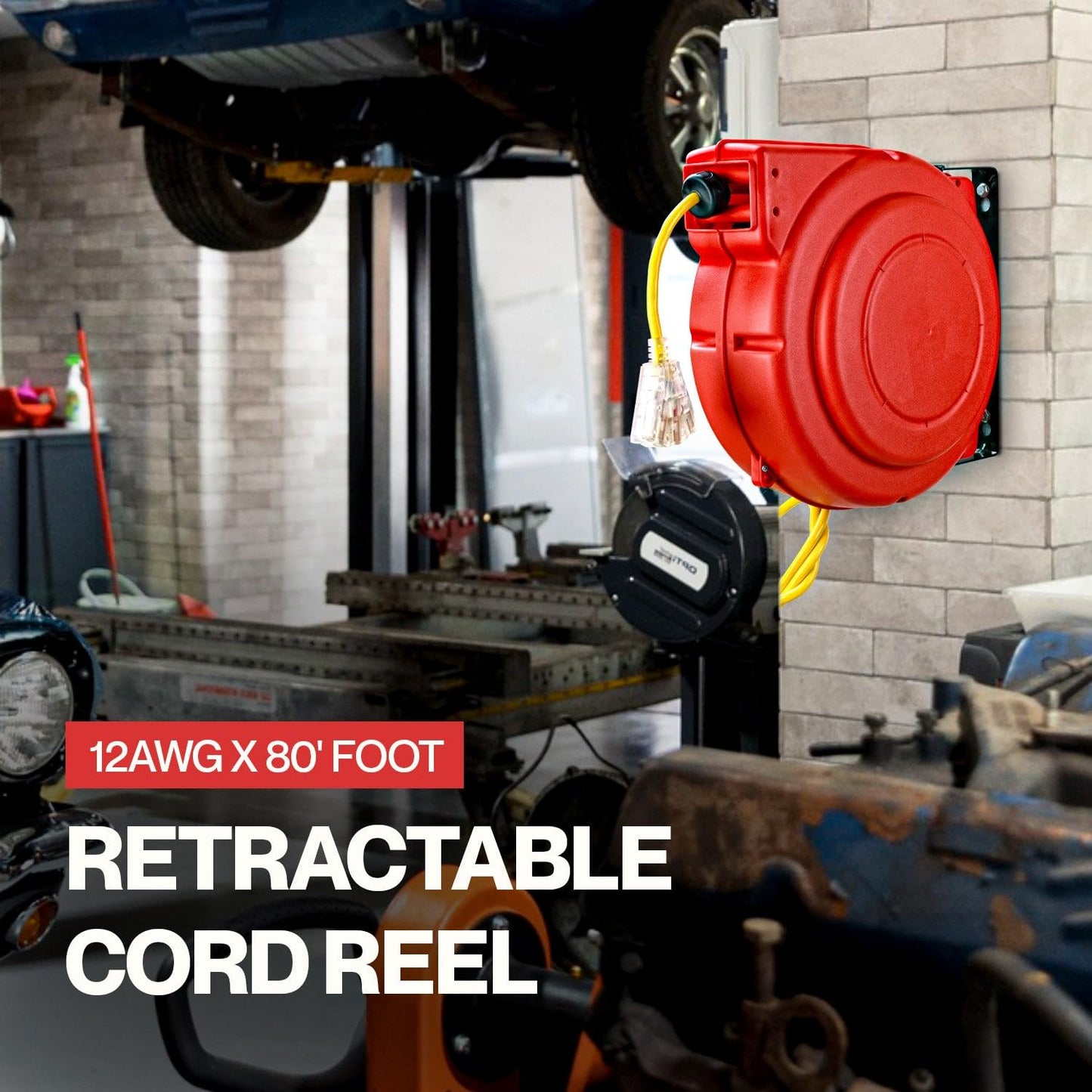 ReelWorks Extension Cord Reel Retractable Longest Industrial 12awg x 80' Foot Commercial Premium Grade Ultra Flexible 3C/SJTOW Glow Strip Cable and Led Light Up Triple Tap Connector Use Indoor/Outdoor