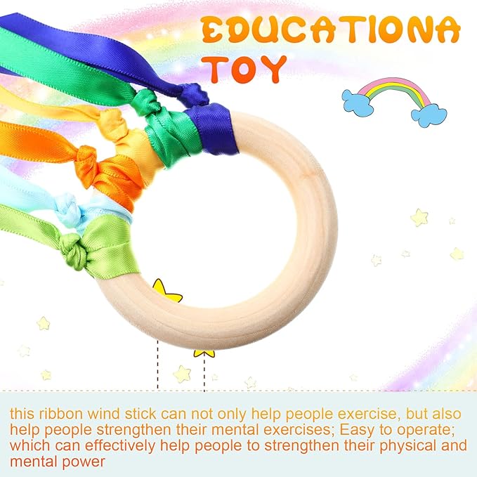 Junkin Ribbon Rings Hand Kite Waldorf Toys Dancing Wrist Ribbons Rainbow Streamers with Wood Ring Sensory Learning Educational Toy for Playroom Dancing Birthday Party Gift(24 Pcs)