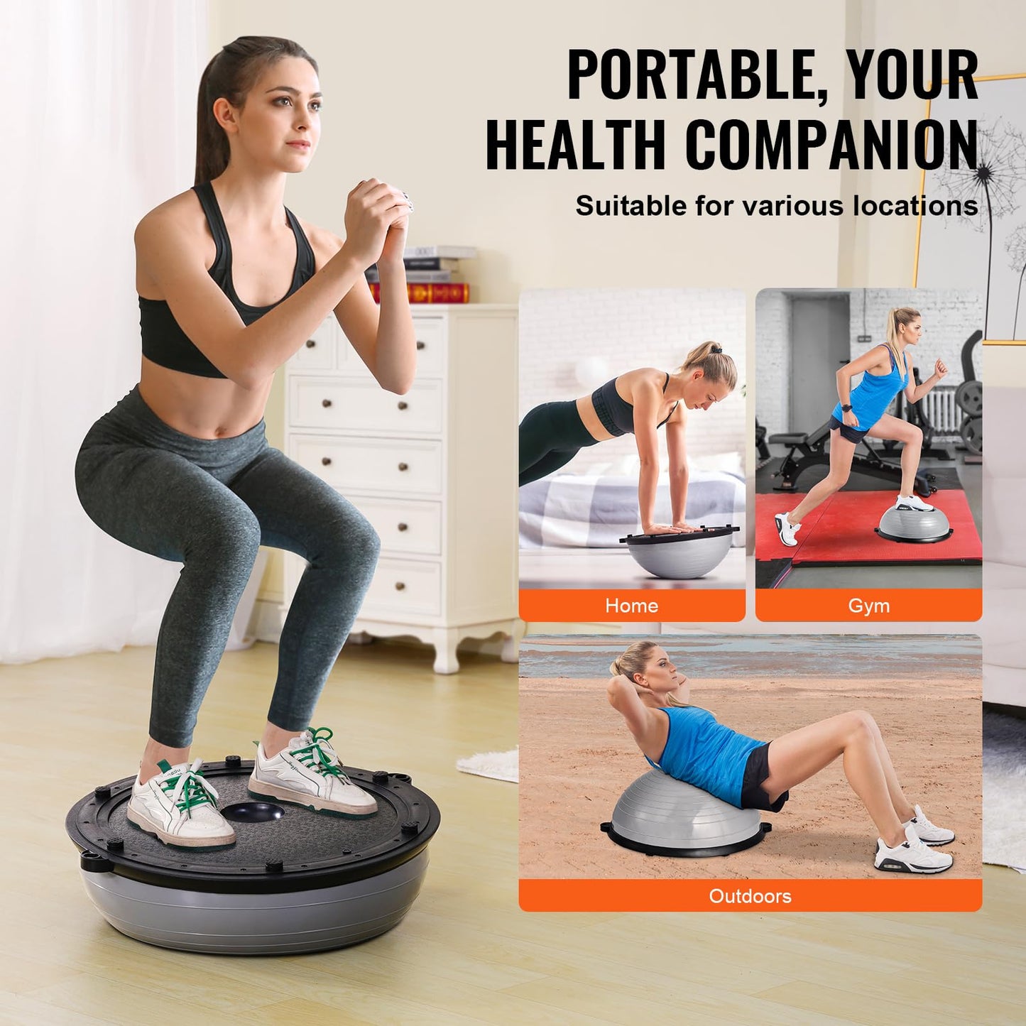 VEVOR 23-inch Half Exercise Ball Trainer, 660 lbs Capacity Balance Ball, Includes Resistance Bands and Pump, Ideal for Full Body Workouts, Yoga, and Strength Training at Home Gym, Gray