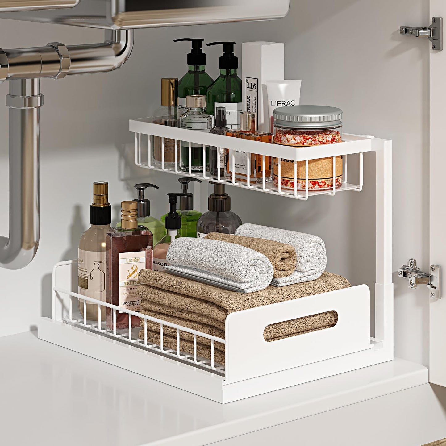 REALINN Under Sink Organizer, Pull Out Cabinet Organizer 2 Tier Slide Out Sink Shelf Cabinet Storage Shelves, Under Sink Storage for Kitchen Bathroom Cabinet, White, 1 Pack