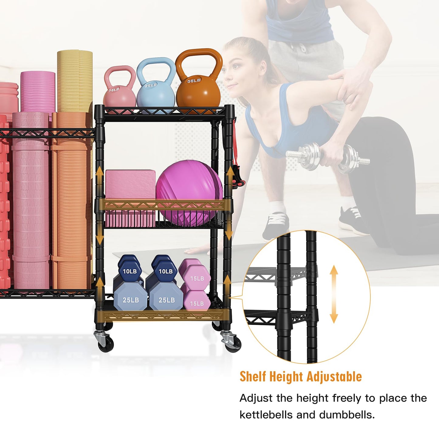 FUTASSI S2 Home Gym Storage, Rolling Yoga Mat Storage and Organizer, Sport Equipment Rack for Dumbbells, Kettlebells, Foam Rollers, Resistance Bands, 11.8" D x 36" W x 32.5" H, Black
