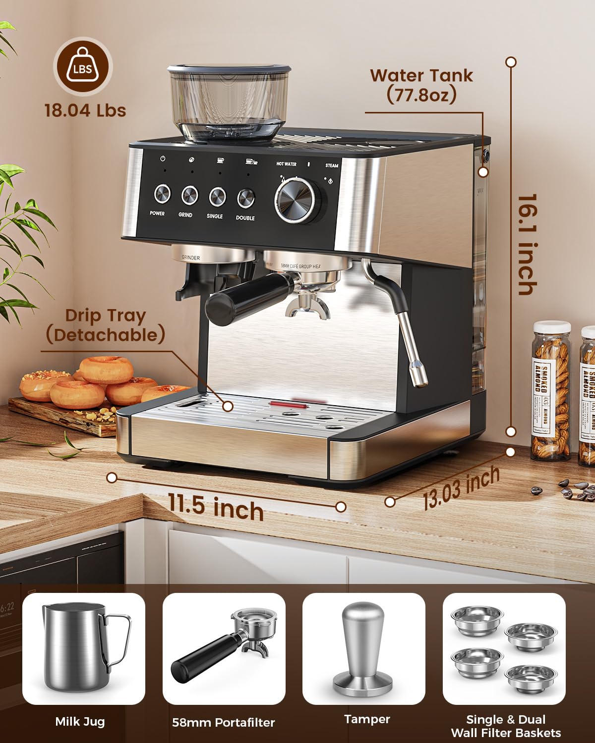 Electactic Espresso Machine with Grinder, 15 Bar Expresso Coffee Machines with Milk Frother Steam Wand, Professional Espresso Maker with Removable Water Tank, Cappuccino & Latte Machine for Home
