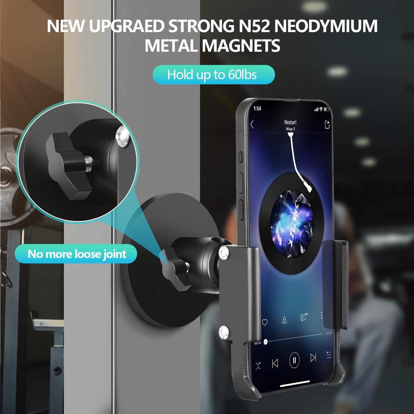 Vinkqiado Gym Magnetic Phone Holder, All Metal Magnet Base Phone Mount for Gym Equipment, Tractor, Refrigerator, Forklift, or Any Ferrous Metal Surface, Compatible with All Smartphones (Large Base)