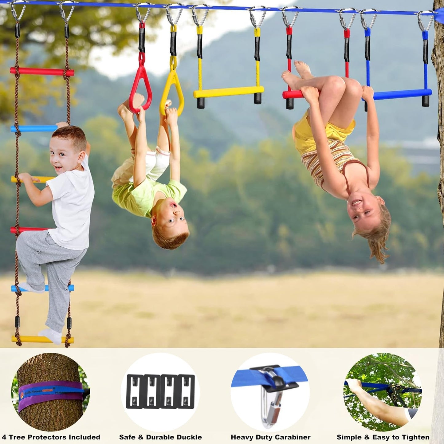Ninja Warrior Obstacle Course for Kids Backyard-65ft Slackline Kit with 13 Obstacles, Upgraded Quick-Install Buckles No Threading, Install Anywhere, 900lbs Capacity, Easy Setup Backyard Playground Set