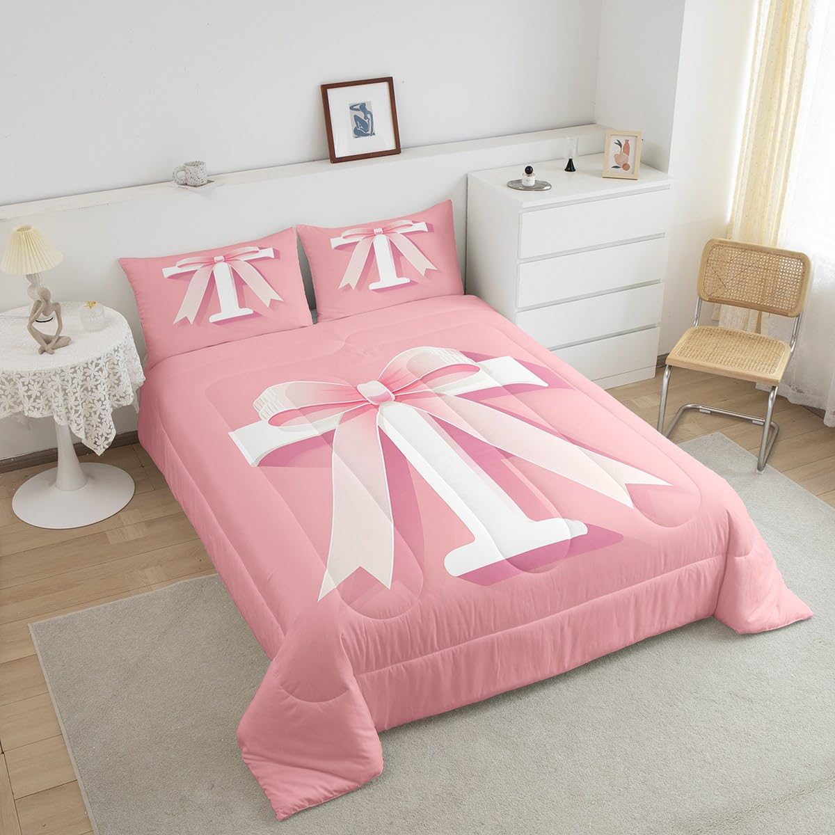jejeloiu Kawaii Pink Bow Bedding Set, Queen Size, Decor Teen Girl Gifts Personalized Initial T Bedding Set, Ultra Soft Monogrammed Comforter Modern Fashion,Duvet Set Room Decor Quilt Set