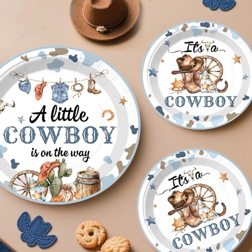 cocomigo 287Pcs Cowboy Baby Shower Decorations, All-in-1 Supplies Pack, Includes 25 Tableware, A Little Cowboy is on the Way Backdrop Tablecloth, Balloon Kit for Baby Boy Shower Decorations