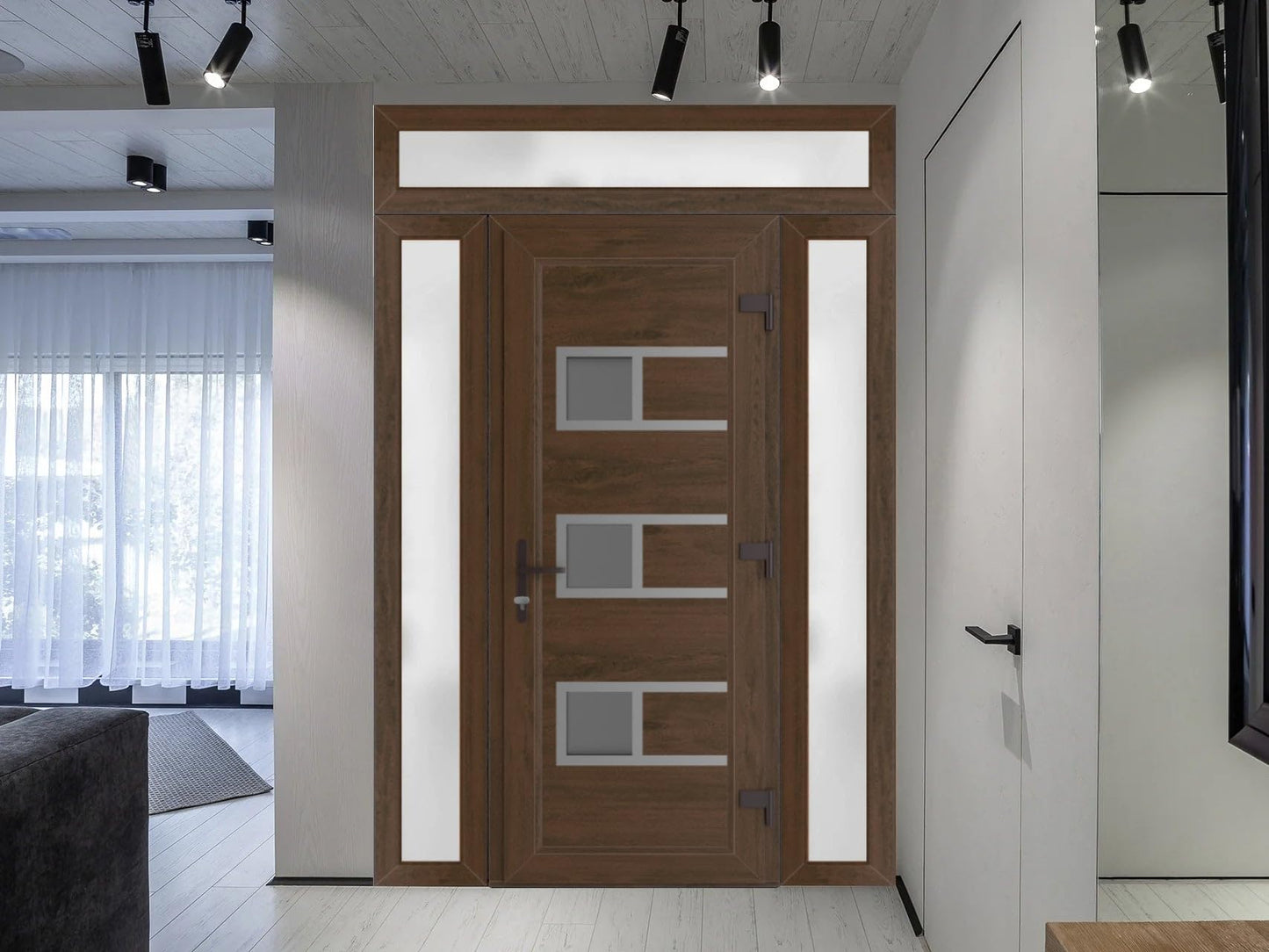 VDOMDOORS Front Exterior Prehung Metal-Plastic Door Frosted Glass | Manux 8933 Walnut | 2 Side, Top Sidelite Transom | Residential Doors Entrance Patio Garage 58 x 94 (W14+30+14 x H80+14)Left-Inswing