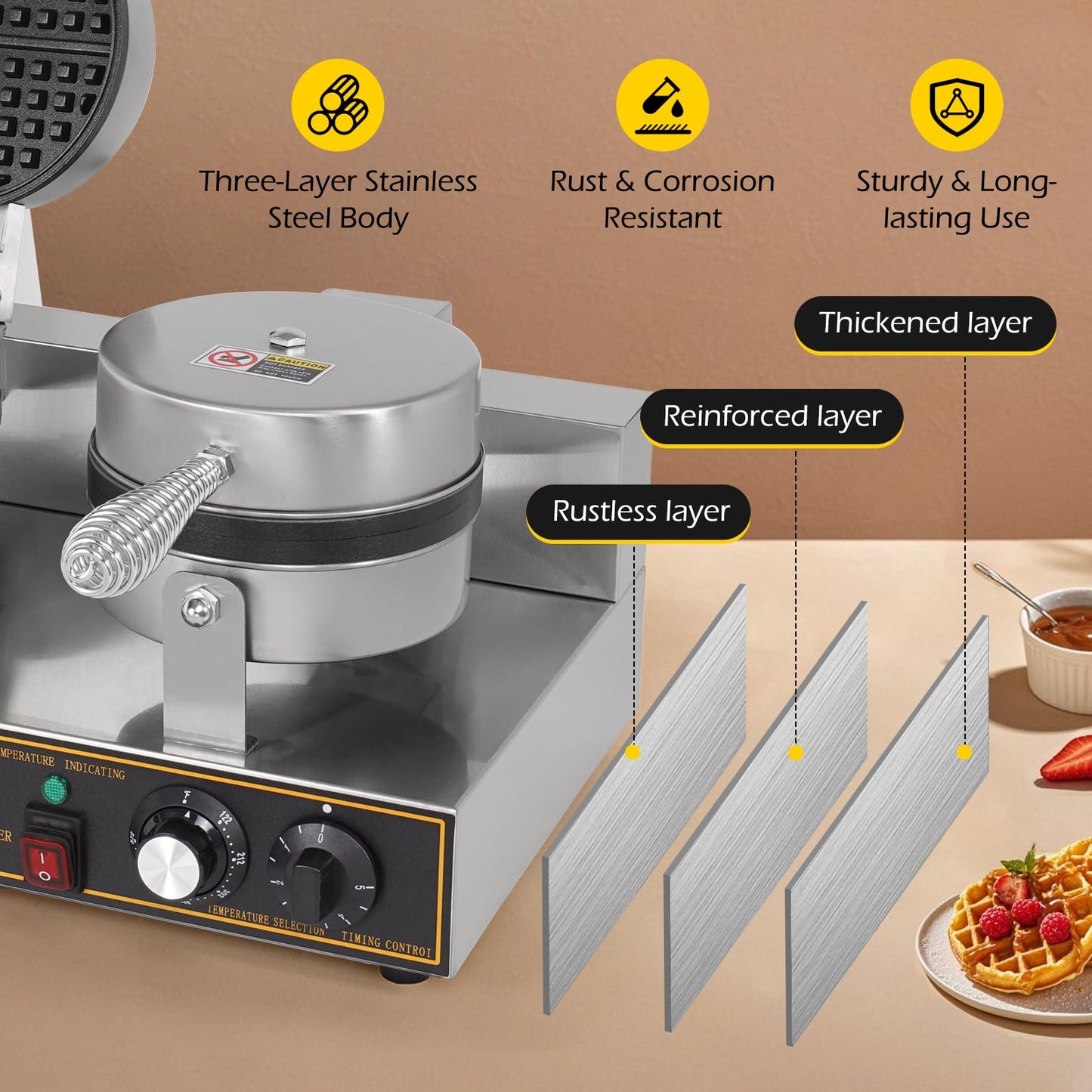 Dyna-Living Waffle Maker 2400W Double Waffle Iron Maker Restaurant Non-stick Round Waffle Machine Commercial Waffle Maker Large Waffle Machine for Hotel, Thicken Stainless Steel