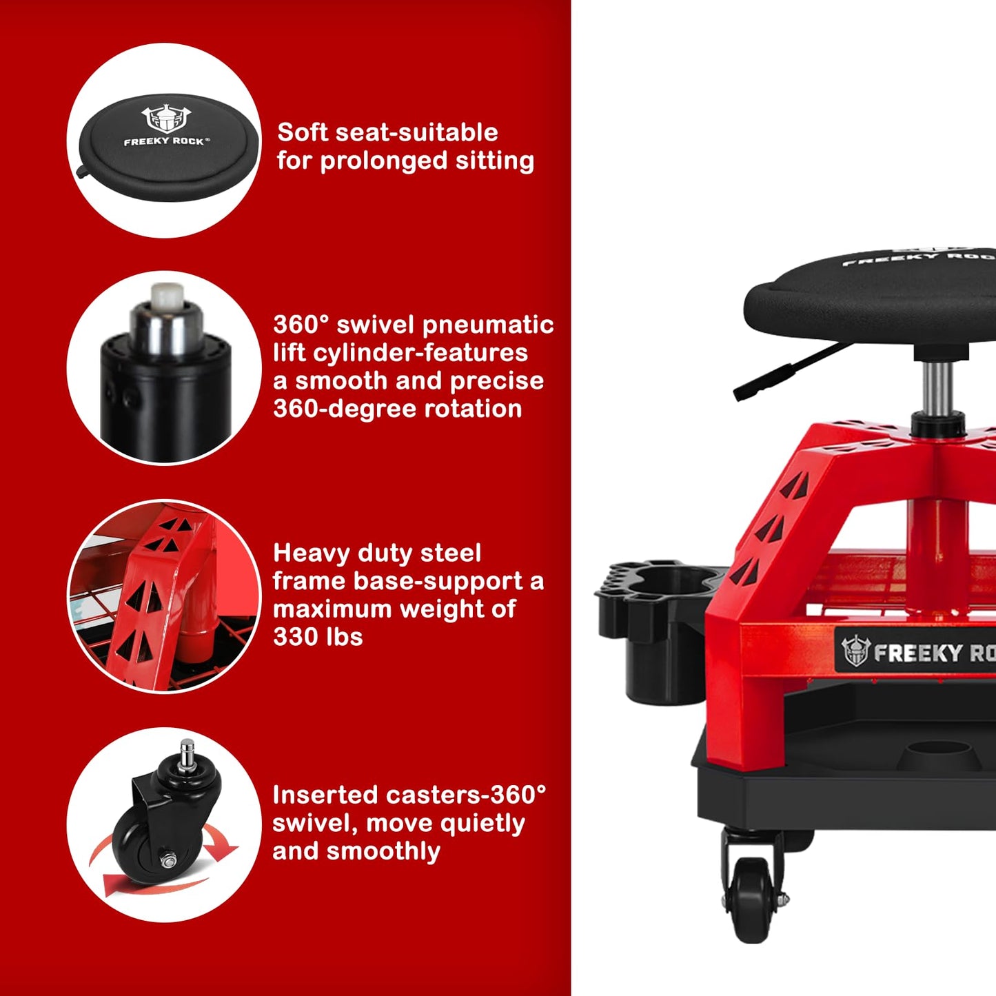 FREEKYROCK Rolling Shop Stool with Wheels, Heavy Duty Garage Work Mechanic Stool, Adjustable Height 22.44"-28.94", 360°Swivel Rolling Chair with Tool Tray Storage, 330 LBS Capacity, Red