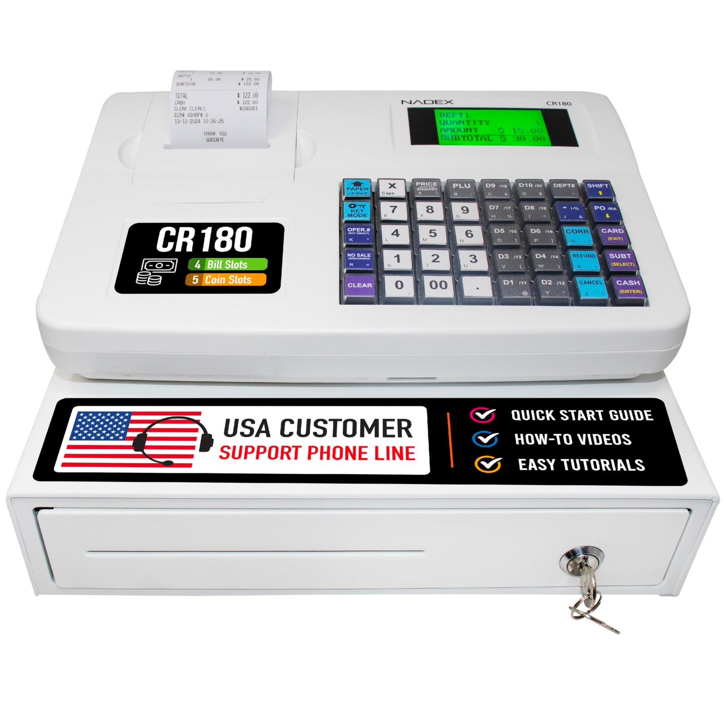 Nadex CR180 Electronic Cash Register, Steel Cash Drawer, Compact Design, White